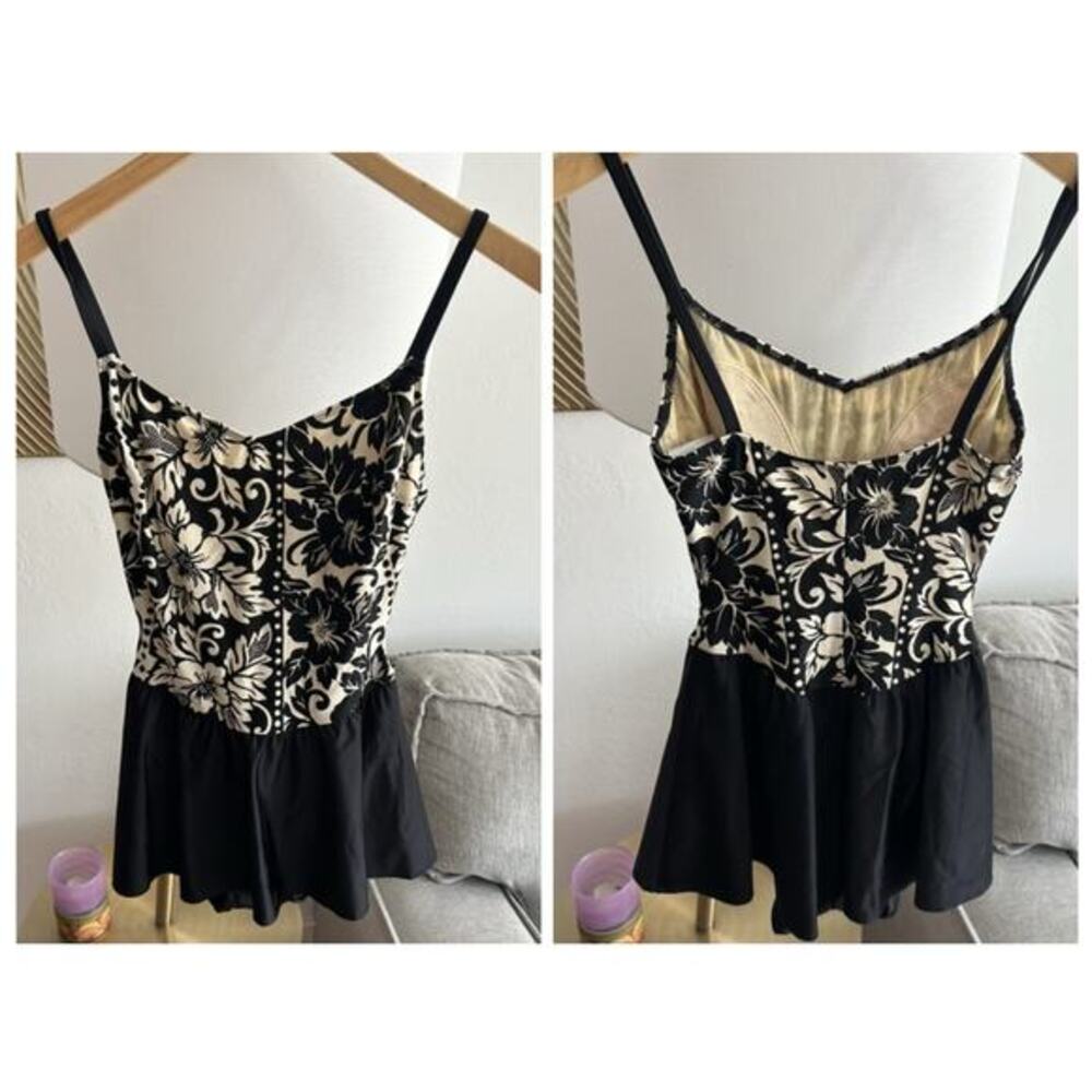 Vintage La Blanca One piece Swimsuit Skirt 8 Black White Floral Retro Siren